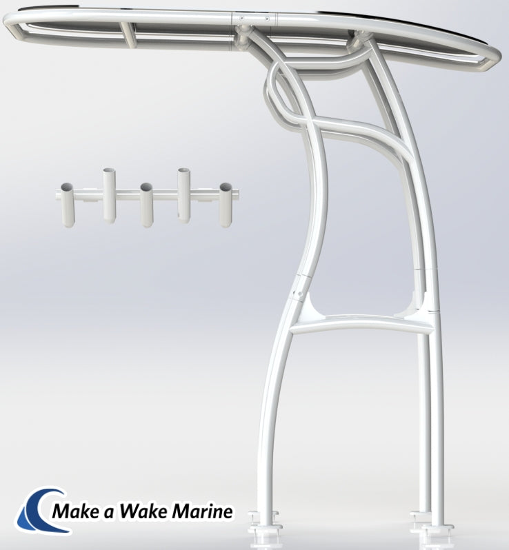 white boat t top with 5 rod holder