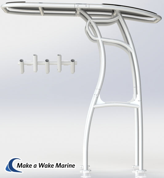 white boat t top with 5 rod holder